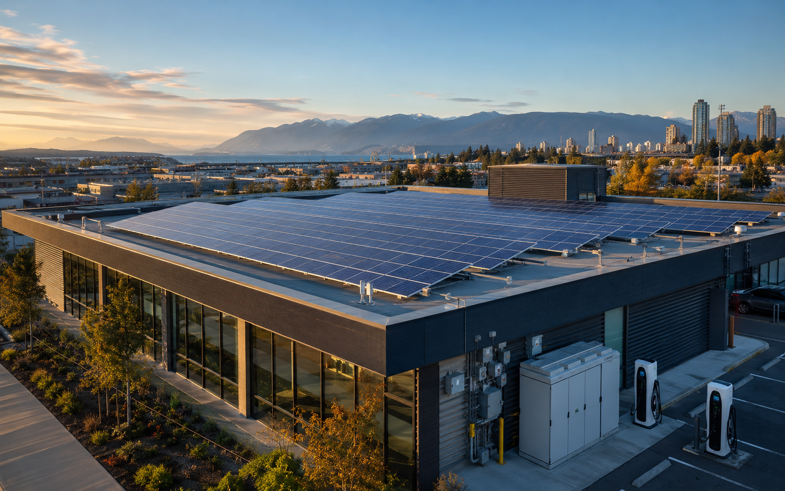 Commercial building with rooftop solar, battery storage and EV charging