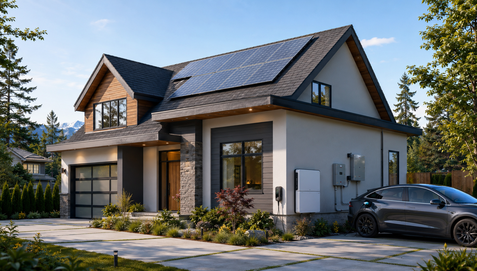 Home with solar panels, battery storage and EV charging